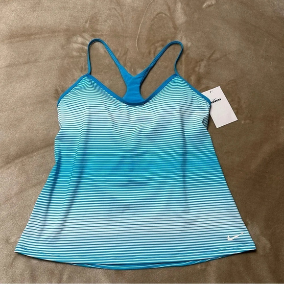 Nike Swim Racerback Blue & White Striped Tankini Top Size Medium - Picture 1 of 9